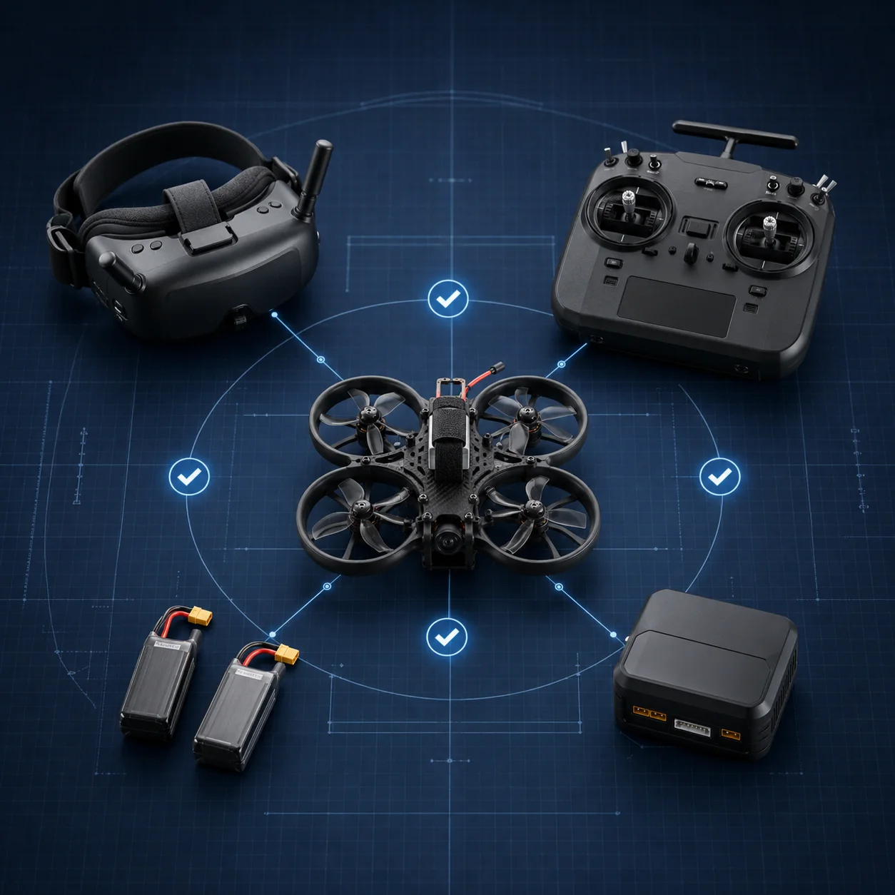 FPV drone, goggles, controller, batteries, and charger arranged on a compatibility blueprint