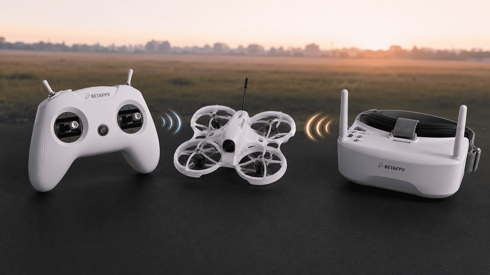 BETAFPV Aquila20 between its ELRS controller and analog FPV goggles with separate control and video signals