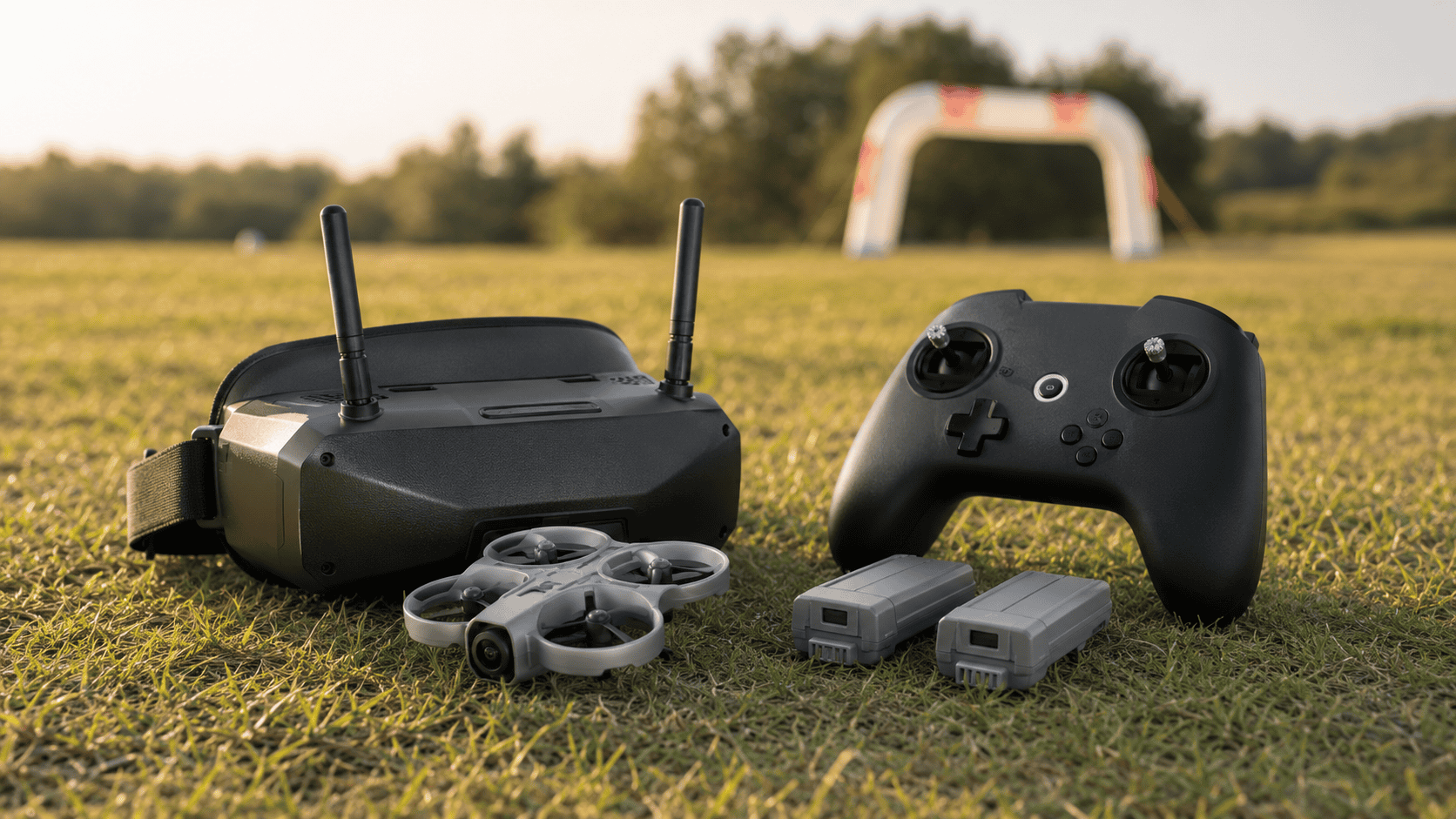 BETAFPV Aquila20 HD drone with VR04 HD goggles, LiteRadio controller, and two batteries at an outdoor FPV field