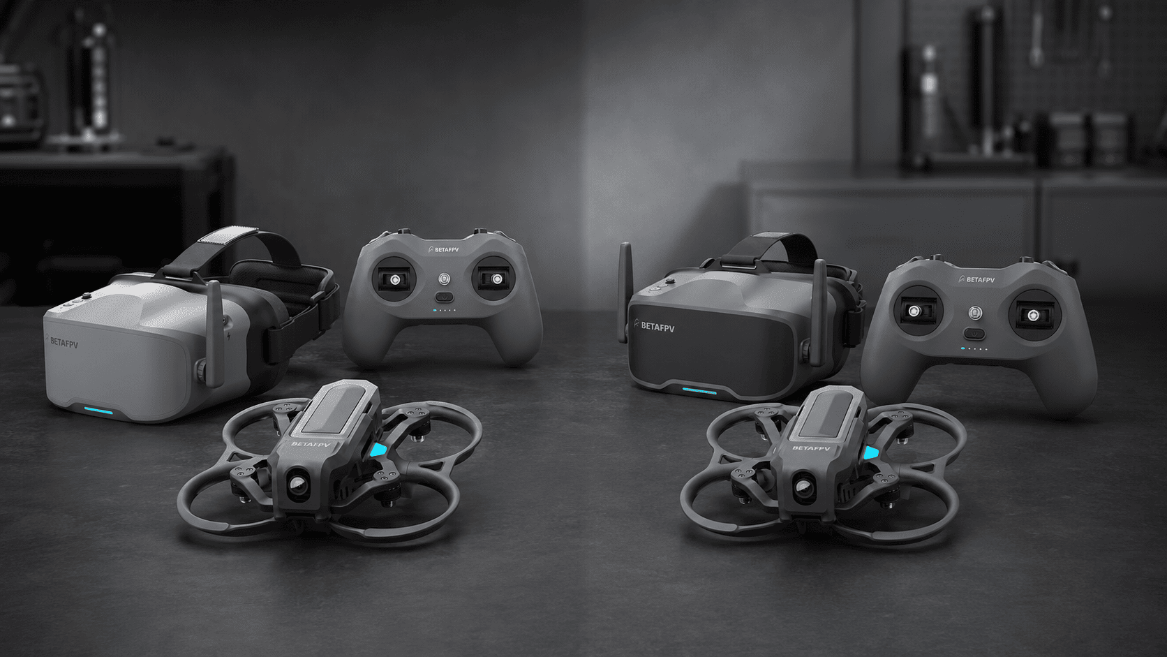 BETAFPV Aquila20 analog and Aquila20 HD kits shown side by side with drones, controllers, and VR04 goggles.