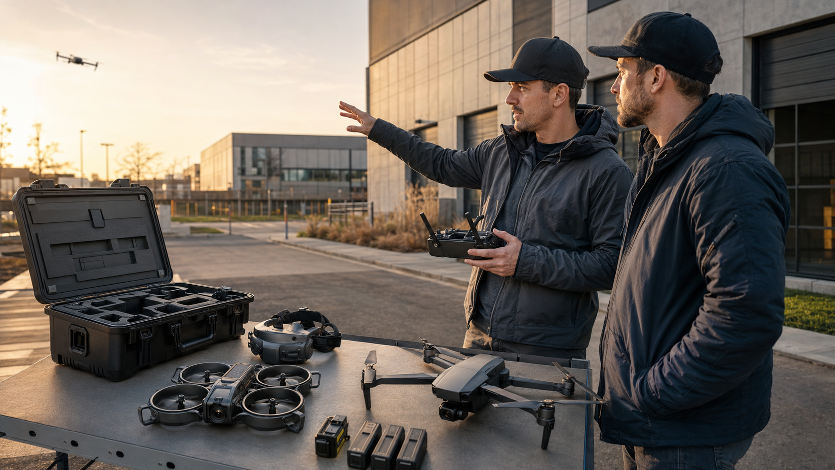 FPV operator and visual observer planning a commercial drone project beside their equipment.