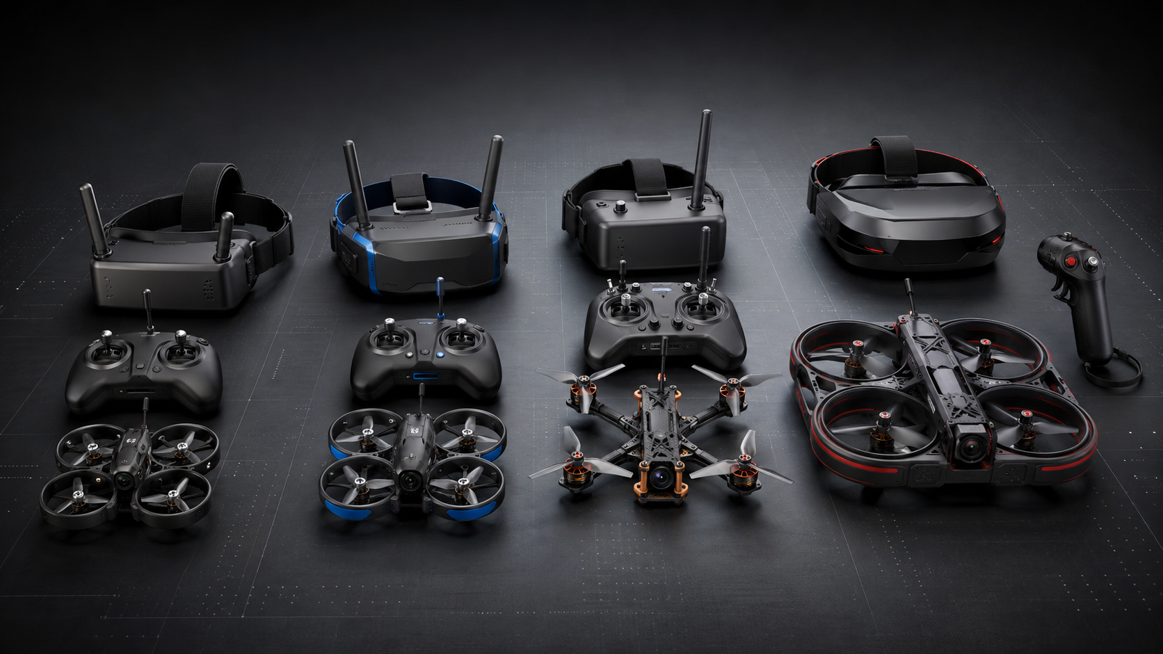 Four beginner FPV drone kits with their included goggles and controllers arranged side by side.