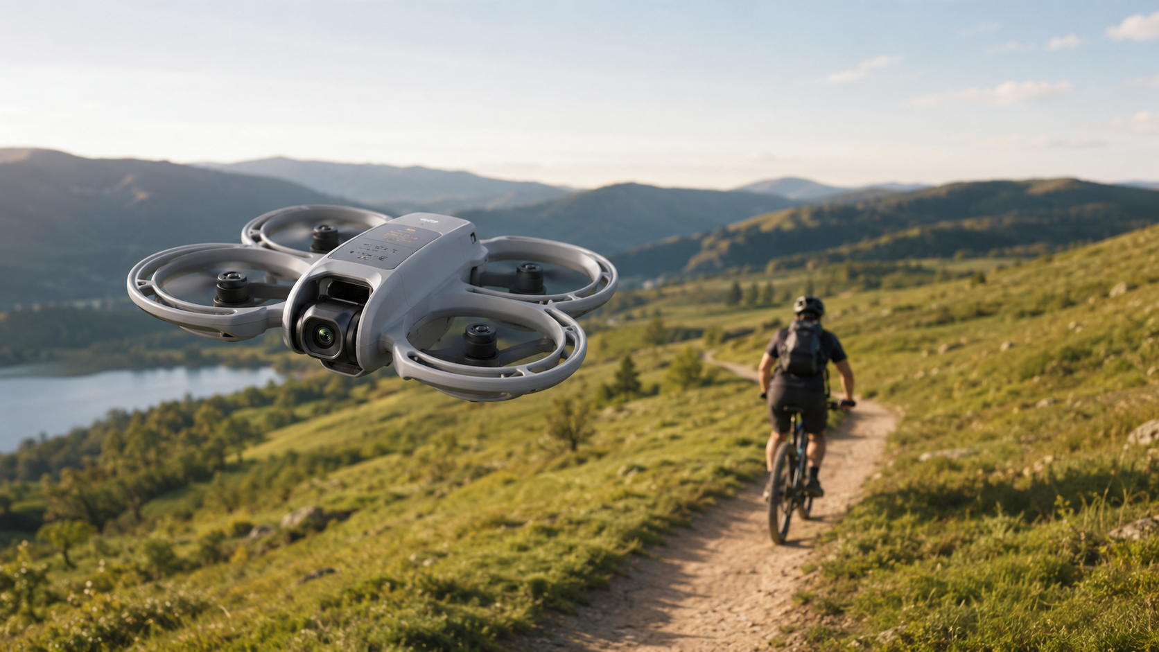 Illustrated compact guarded drone following a cyclist on an open trail.