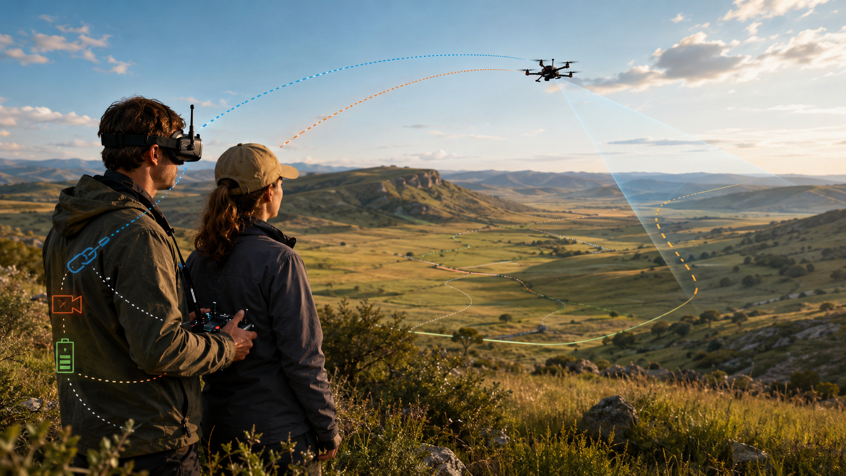 FPV quad flying over open terrain while a pilot and co-located visual observer monitor the route.