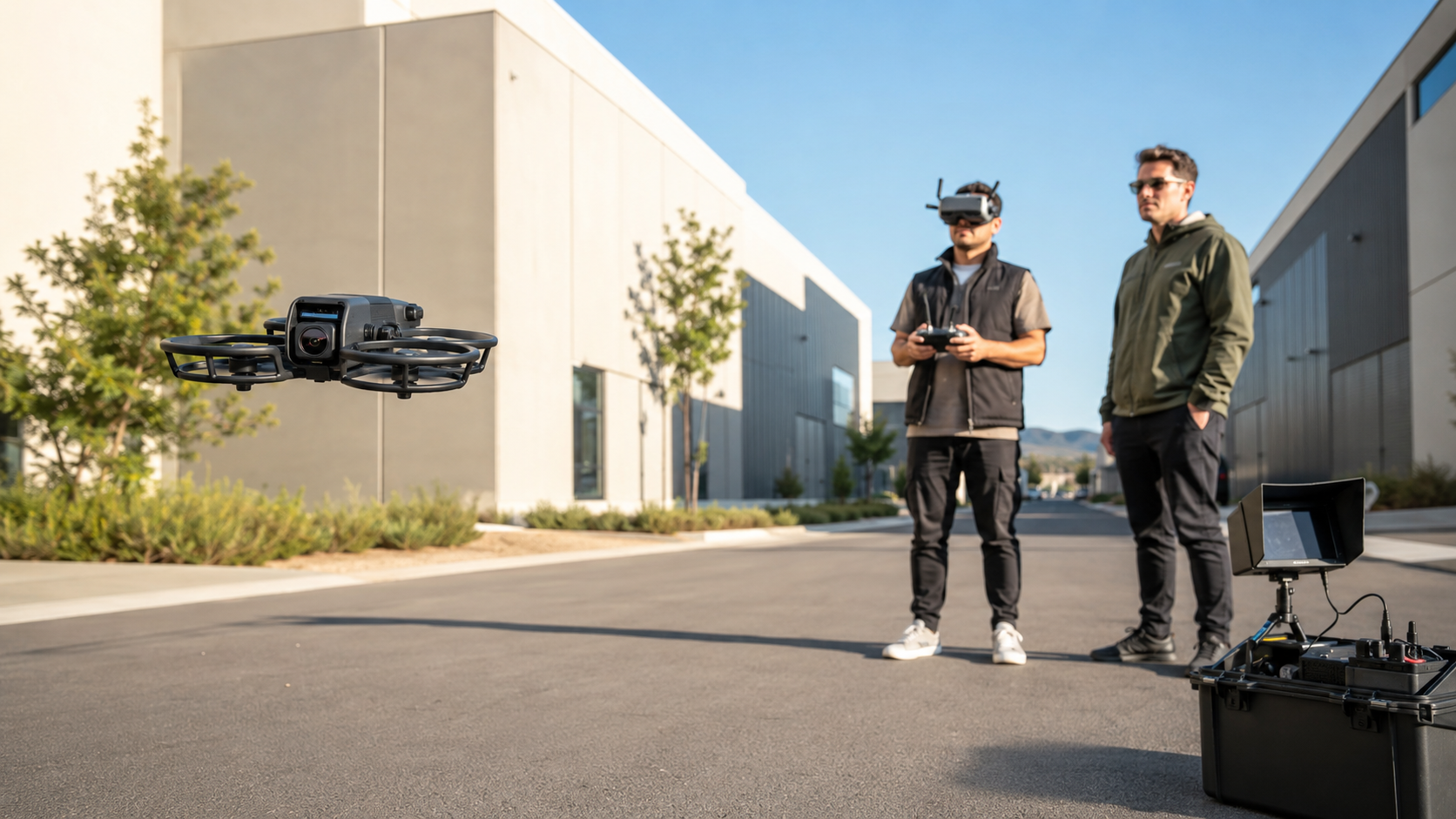 FPV cinewhoop following a planned camera route while a pilot and visual observer monitor the production.