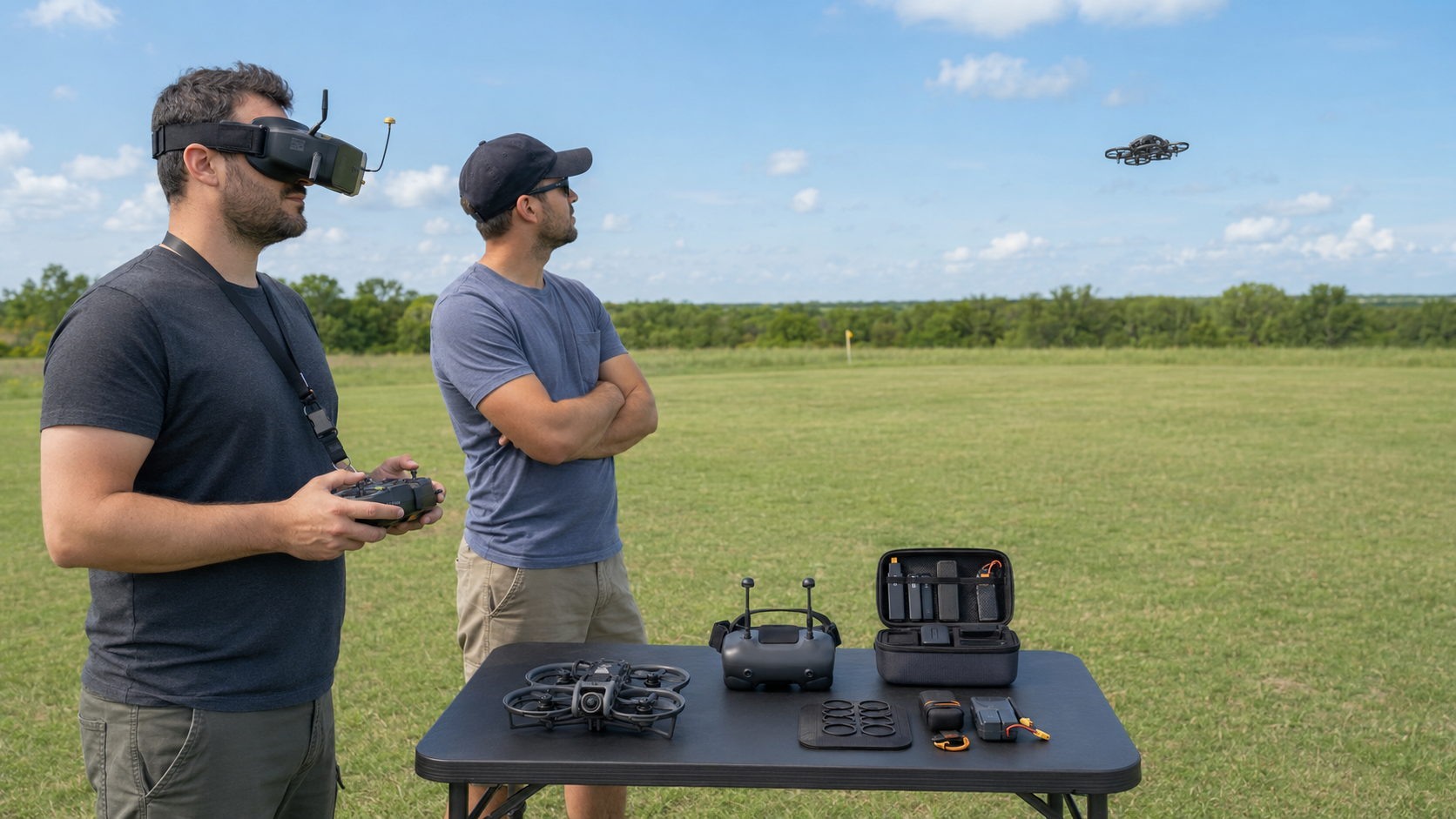 FPV pilot wearing drone goggles while a visual observer watches a protected-prop drone in flight.