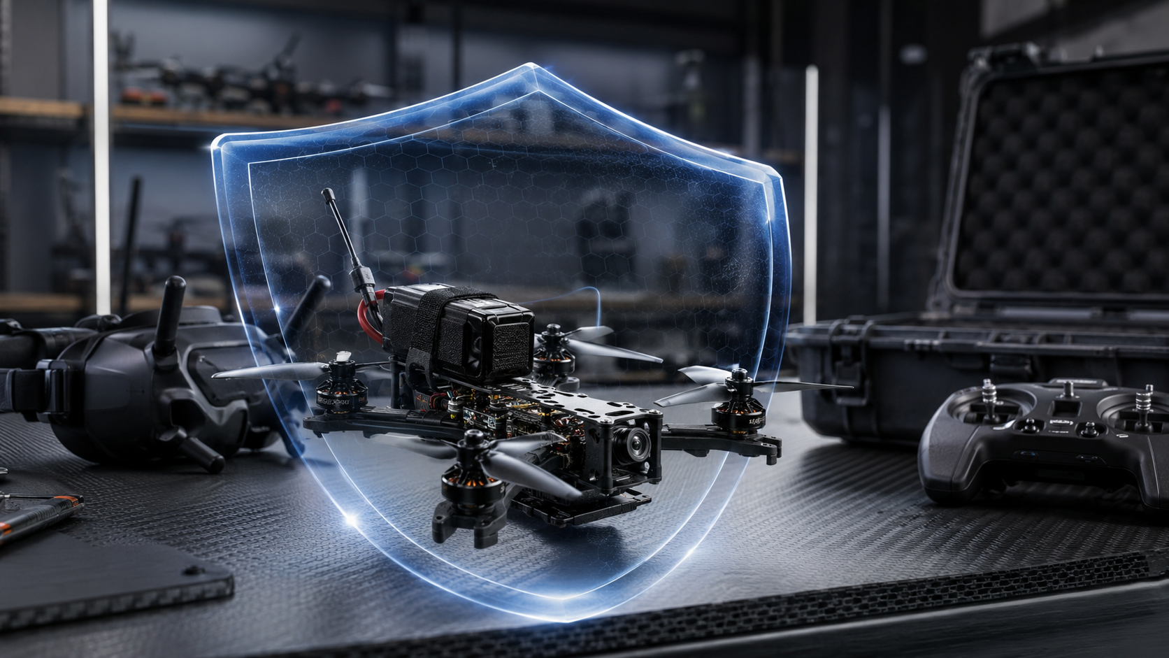 FPV pilot reviewing an insurance and flight-planning checklist beside a drone, goggles, and equipment case.