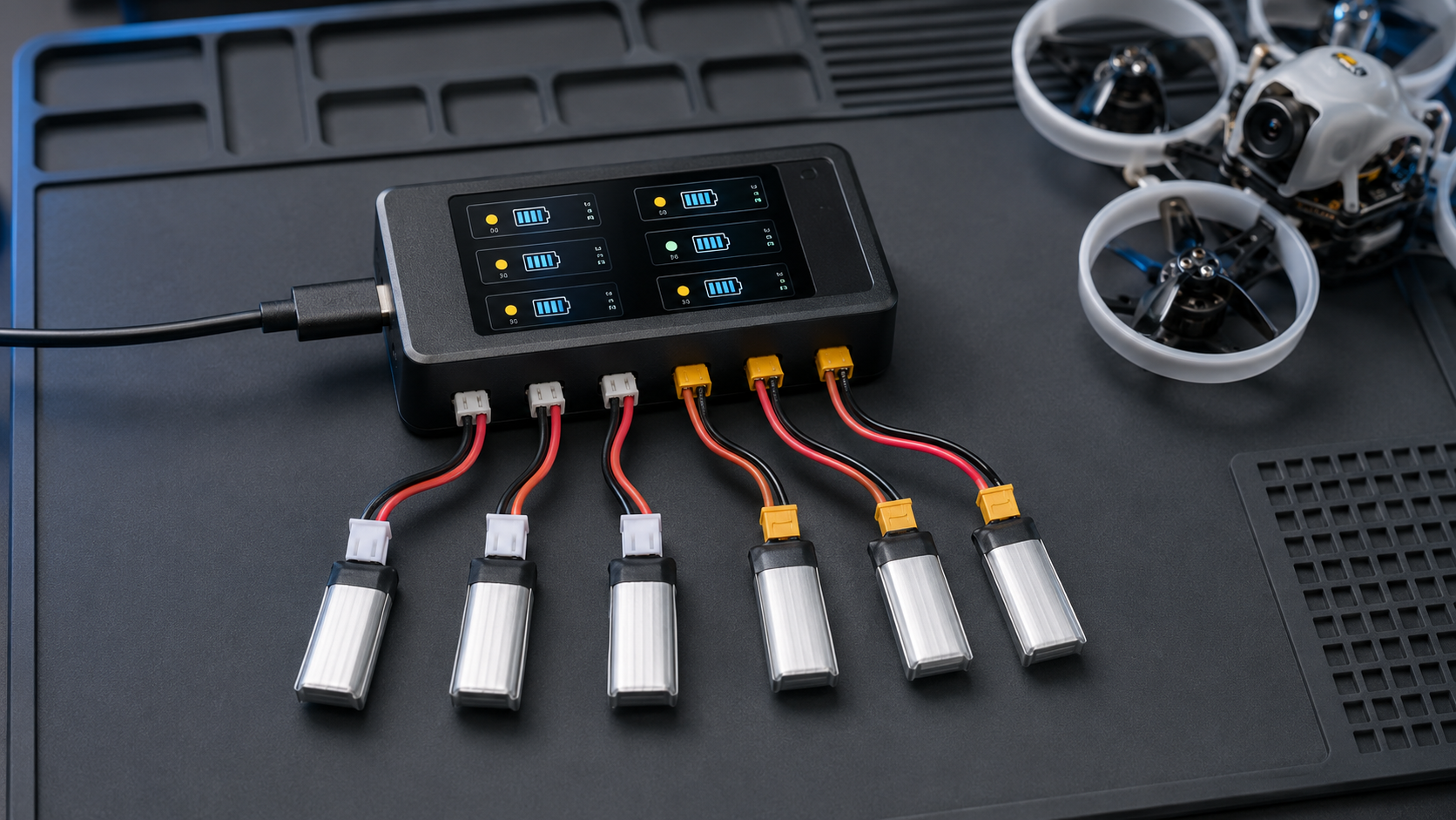 VIFLY WhoopStor 3 connected to several 1S tiny-whoop batteries on a charging mat