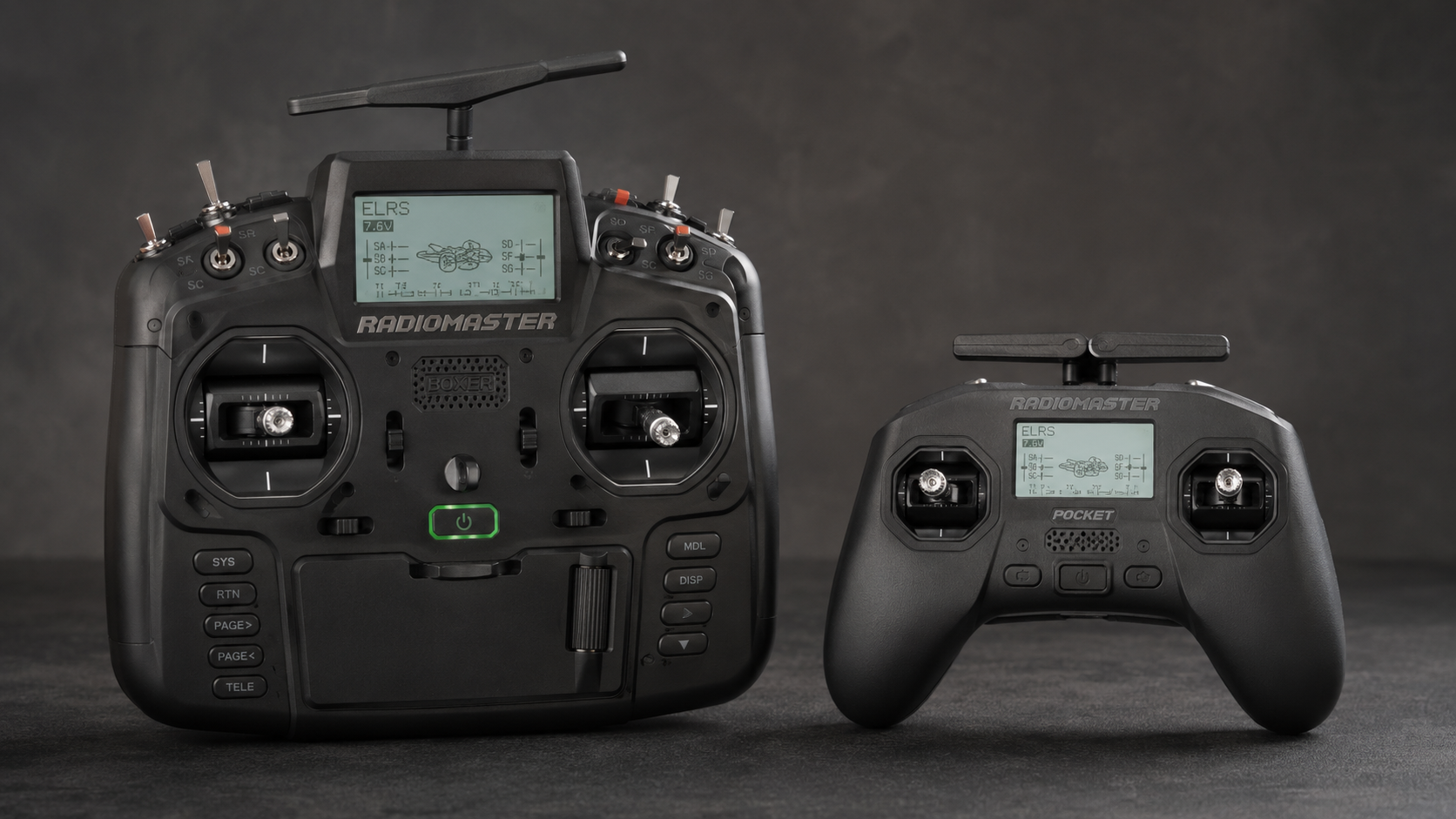 RadioMaster Boxer and Pocket ELRS radio controllers side by side showing their size and control-layout differences