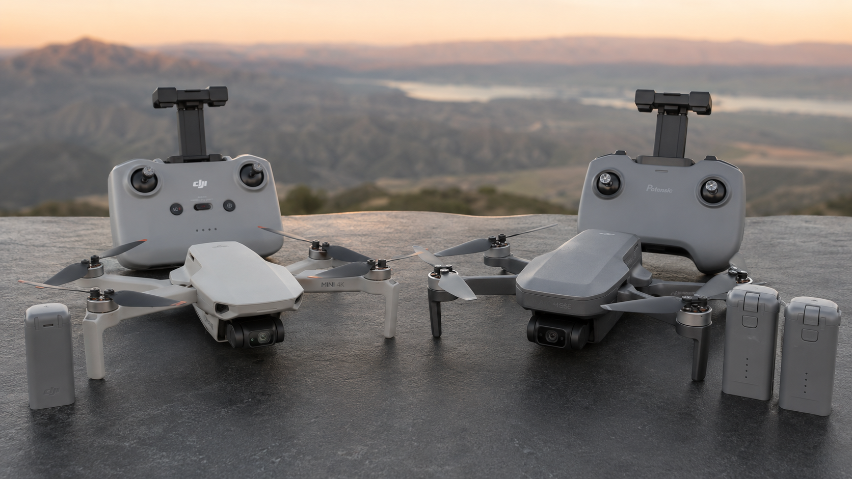 DJI Mini 4K and Potensic ATOM SE drones with their controllers and batteries arranged side by side
