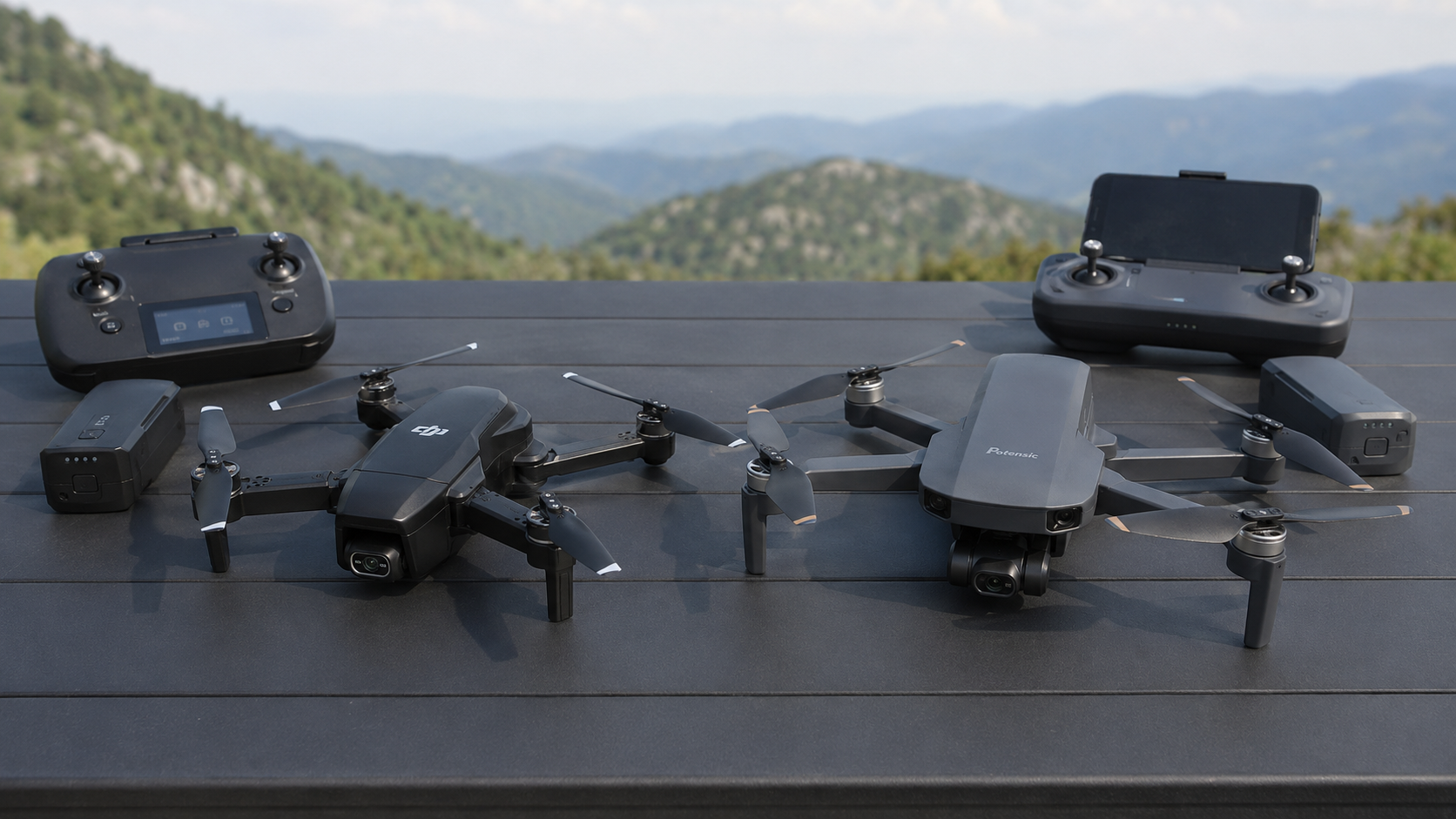 Holy Stone HS360S and Potensic ATOM SE GPS drones with their controllers and batteries side by side