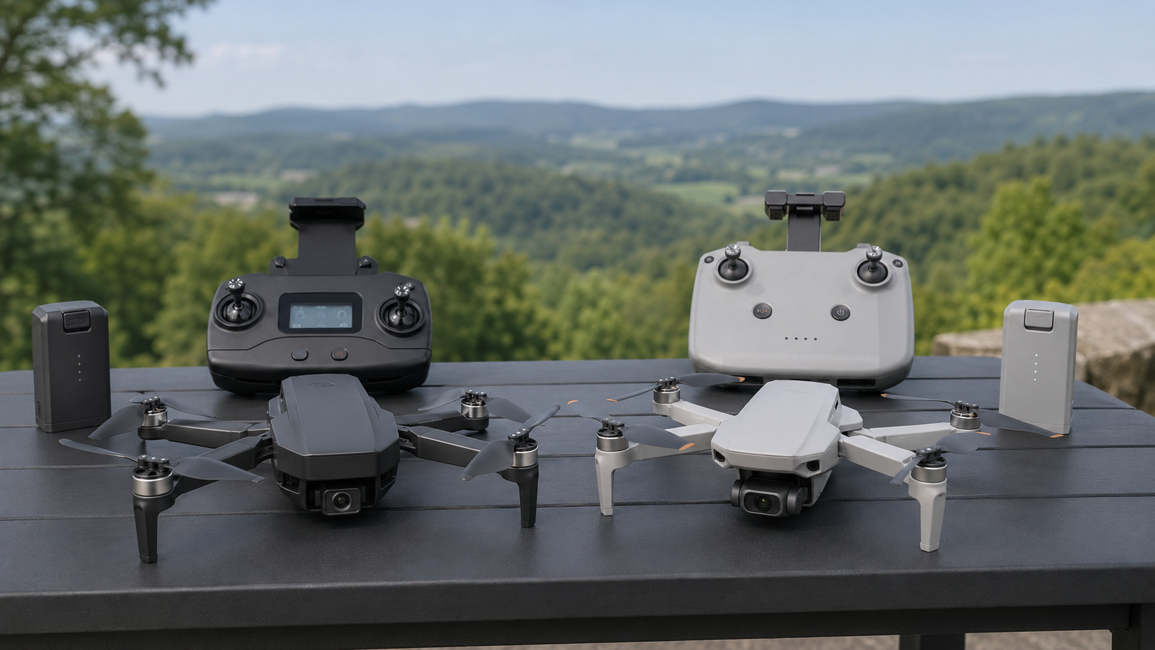 Holy Stone HS360S and DJI Mini 4K beginner drones with their controllers and batteries side by side