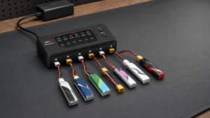 VIFLY WhoopStor 3 charging six 1S tiny-whoop batteries on a noncombustible mat
