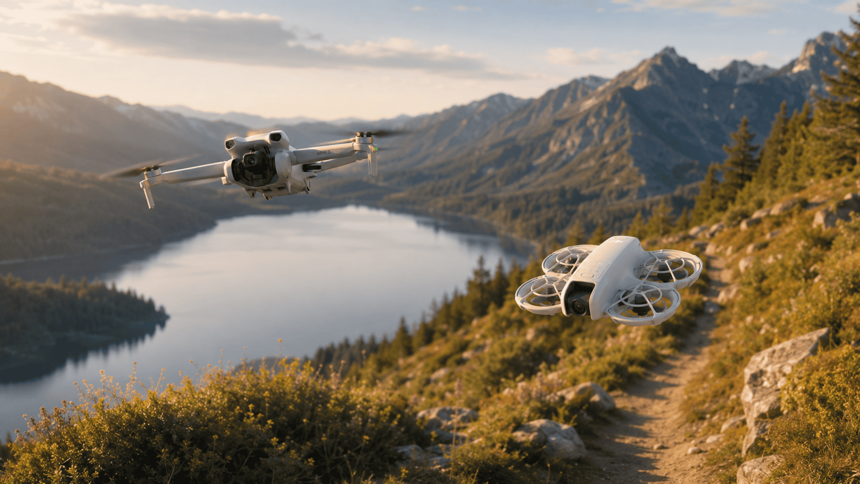 DJI Mini 3 and DJI Neo flying over a mountain lake and hiking trail.