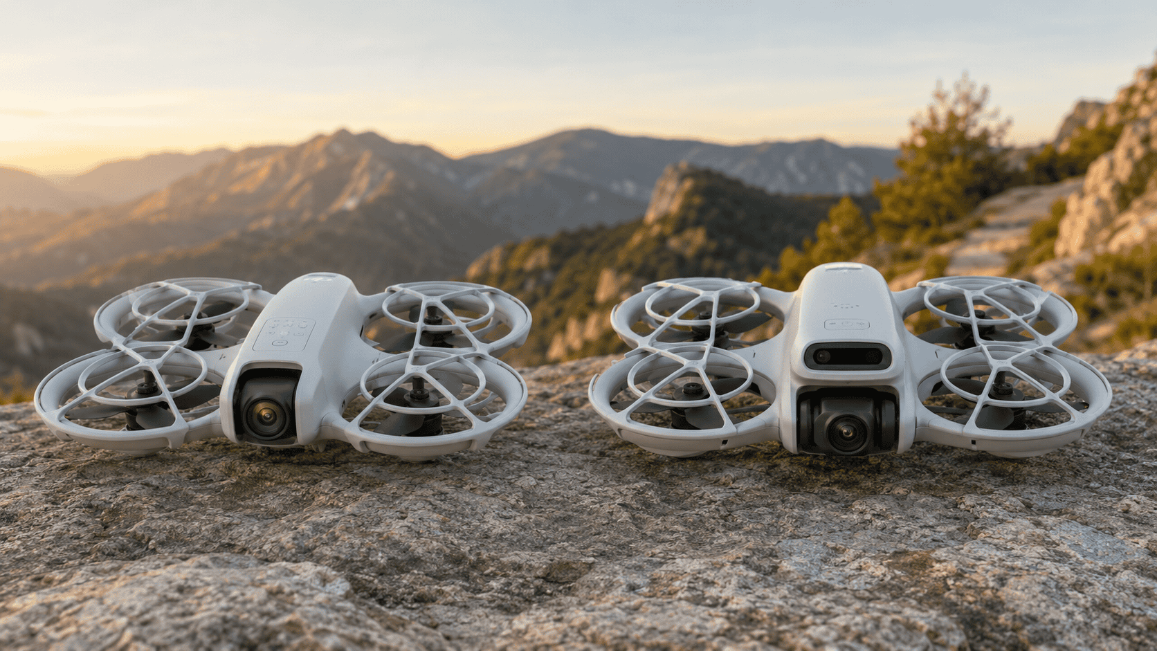 DJI Neo and DJI Neo 2 side by side on a mountain overlook, showing their guarded propellers and different front camera and sensing systems.