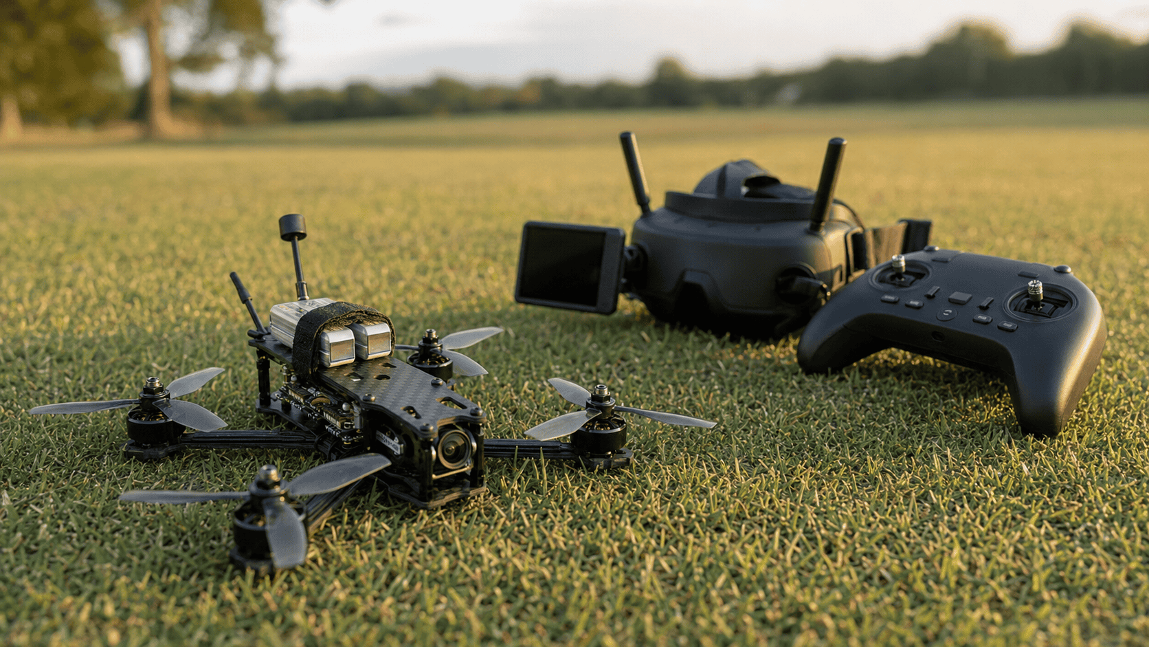Compact freestyle FPV drone with analog goggles and a radio controller on grass at sunset.