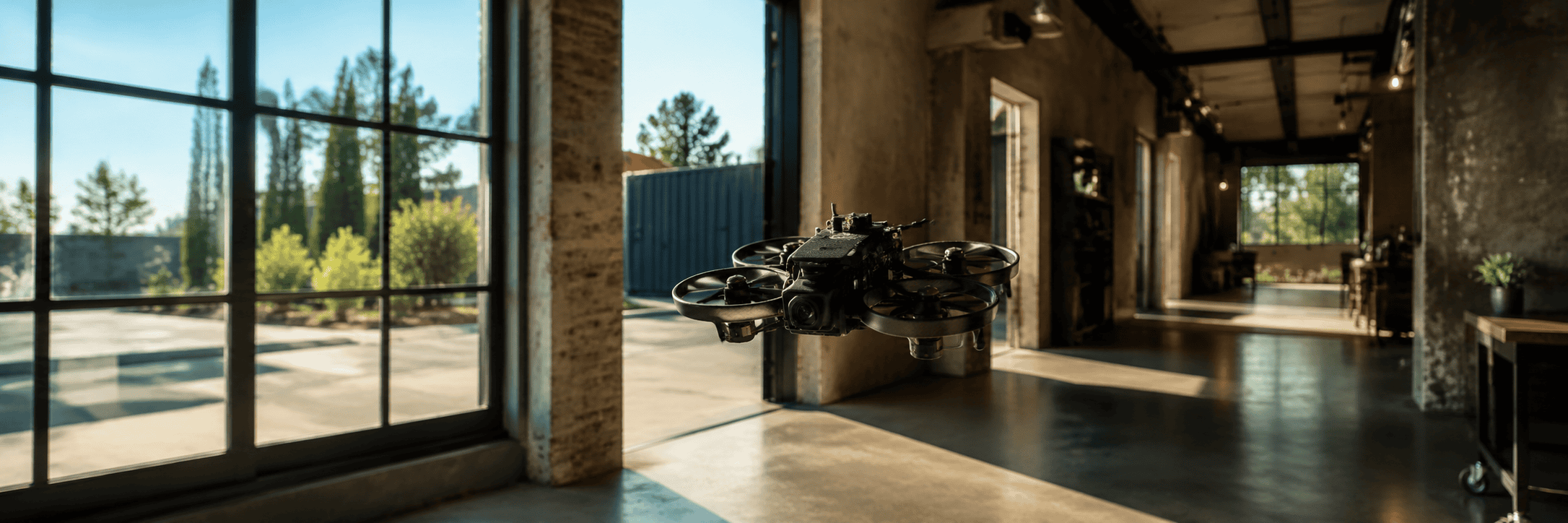 rotected FPV cinewhoop flying through a controlled cinematic filming route.