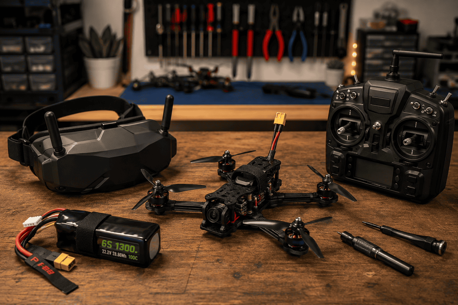 FPV quadcopter beside goggles and a radio controller.