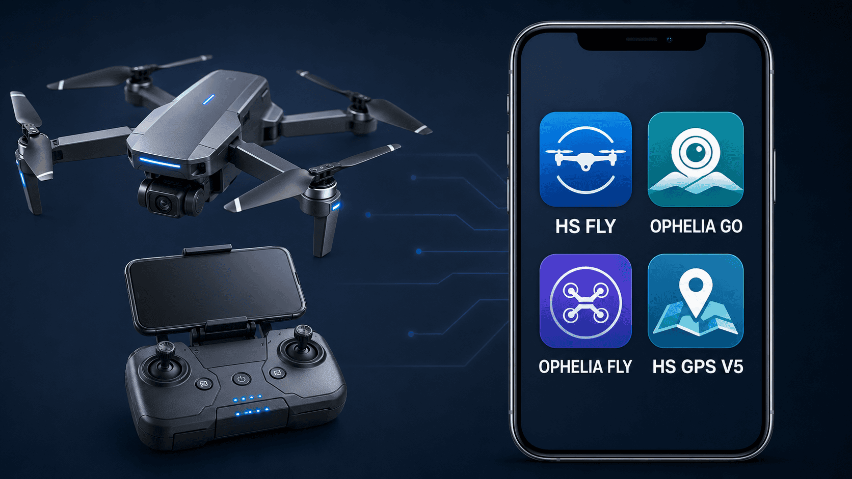 Drone, controller and phone graphic comparing HS FLY, Ophelia GO, Ophelia FLY and HS GPS apps.