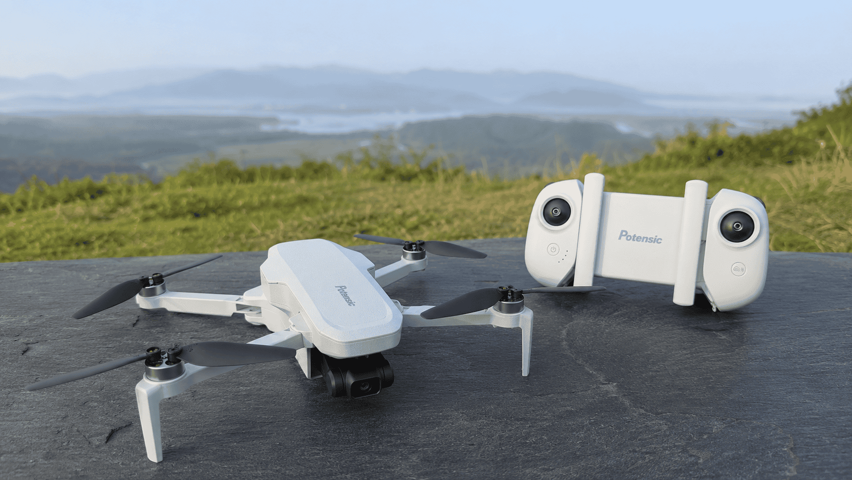 Potensic ATOM SE drone unfolded beside its remote controller