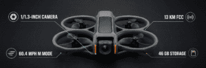 Technical illustration of an Avata 2-style drone with camera, speed, transmission-range and storage callouts.