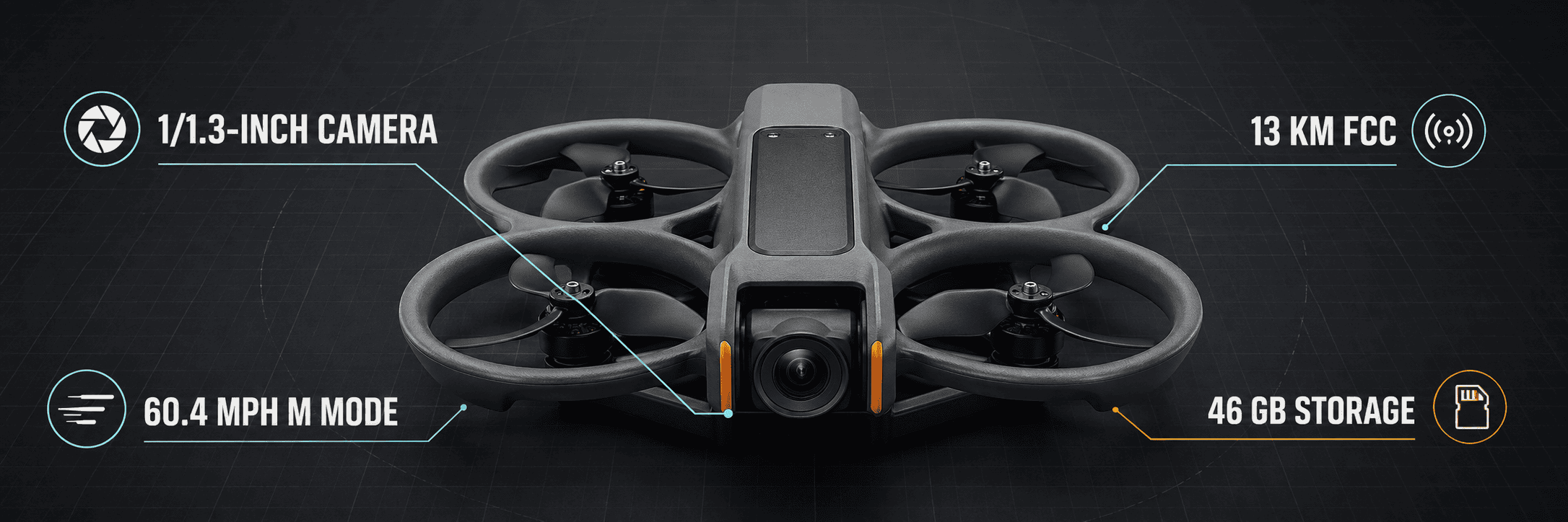 Technical illustration of an Avata 2-style drone with camera, speed, transmission-range and storage callouts.