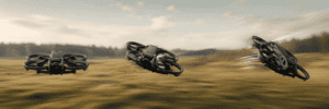 Three illustrated protected FPV drones show increasing speed from controlled level flight to a fast banked turn.