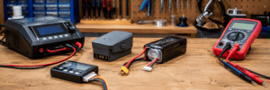 Smart drone battery and FPV LiPo pack beside charging and diagnostic equipment on a workbench.