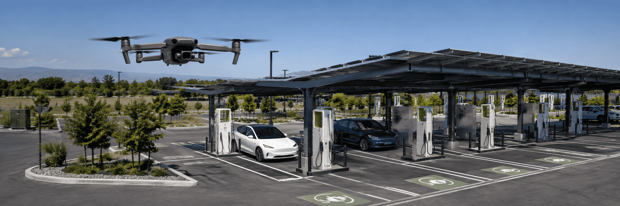 Drone surveying an EV charging site with charging pedestals and a solar canopy.