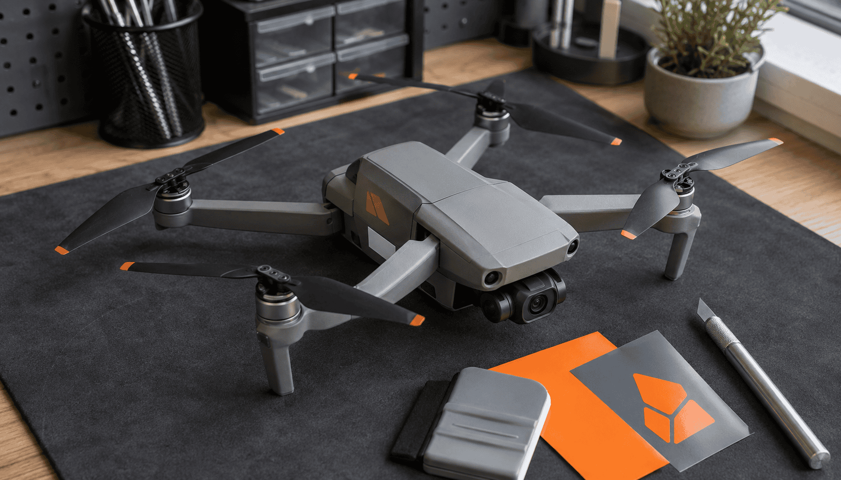 Compact drone on a workbench with a registration label and separate custom vinyl decal.