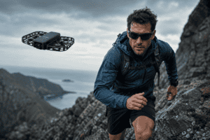 Compact self-flying camera following a runner.
