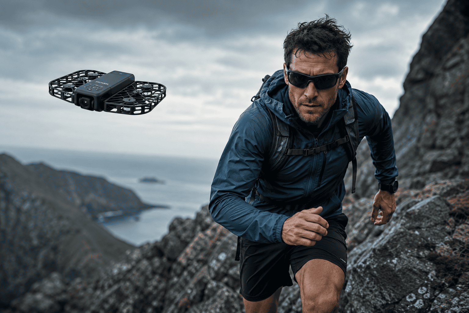 Compact self-flying camera following a runner.