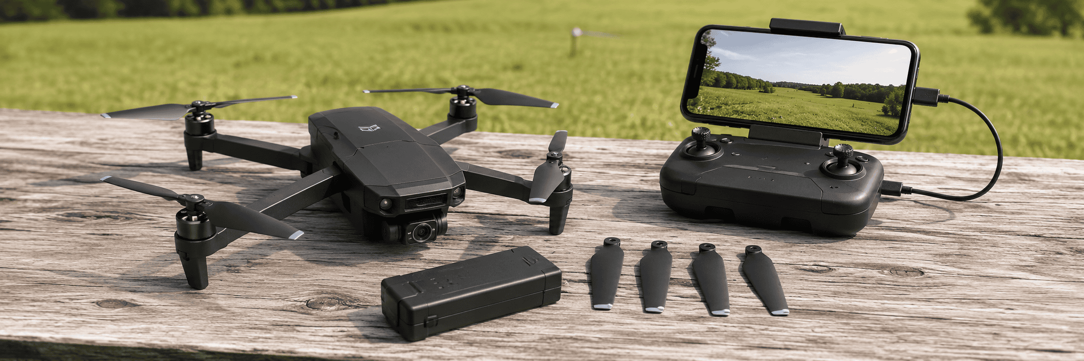 A Holy Stone HS360S drone with its controller, battery, spare propellers, and phone arranged for comparison.