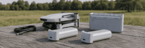 Two Potensic ATOM SE batteries beside the folded drone and charging hub on an outdoor table.