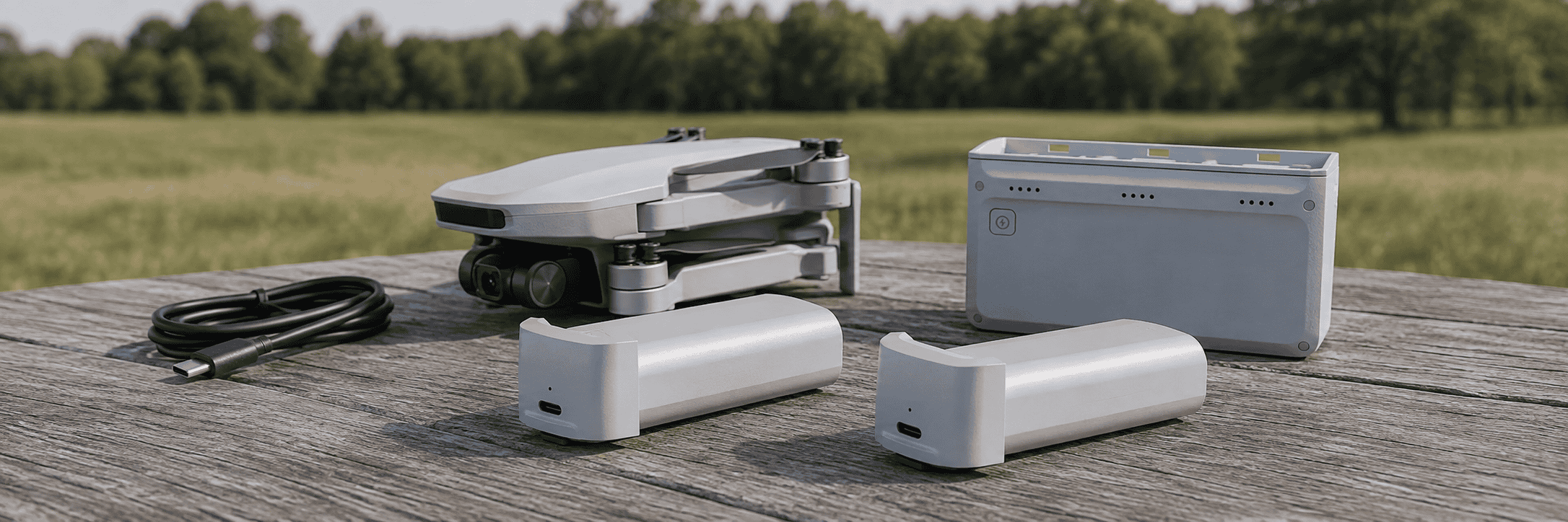 Two Potensic ATOM SE batteries beside the folded drone and charging hub on an outdoor table.