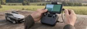 Smartphone connected to a compact drone controller beside a folded camera drone on an outdoor table.