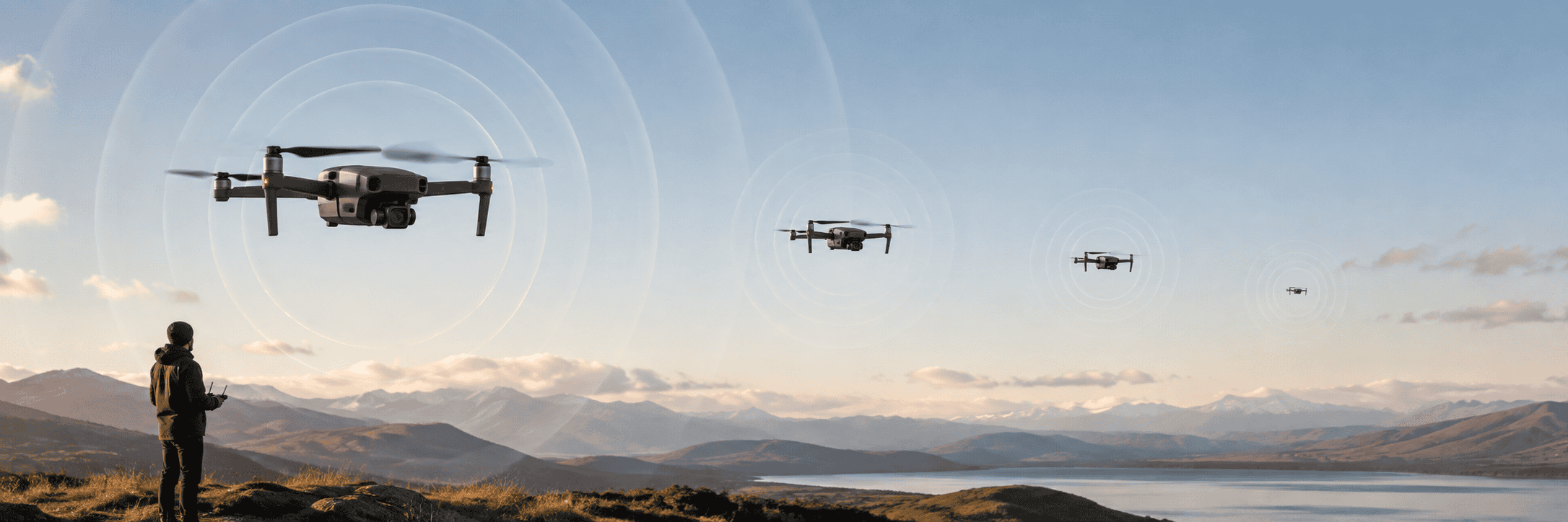 Compact camera drone flying away from an observer as its sound waves fade with distance.