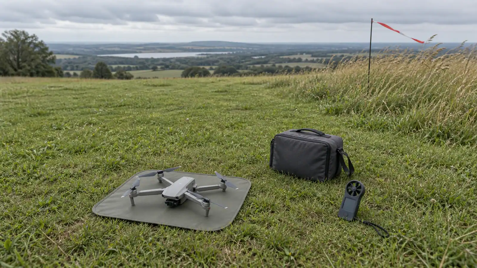 A gray drone rests on a landing mat beside a bag and wind meter, with a wind ribbon and wind-bent grass in an open meadow.