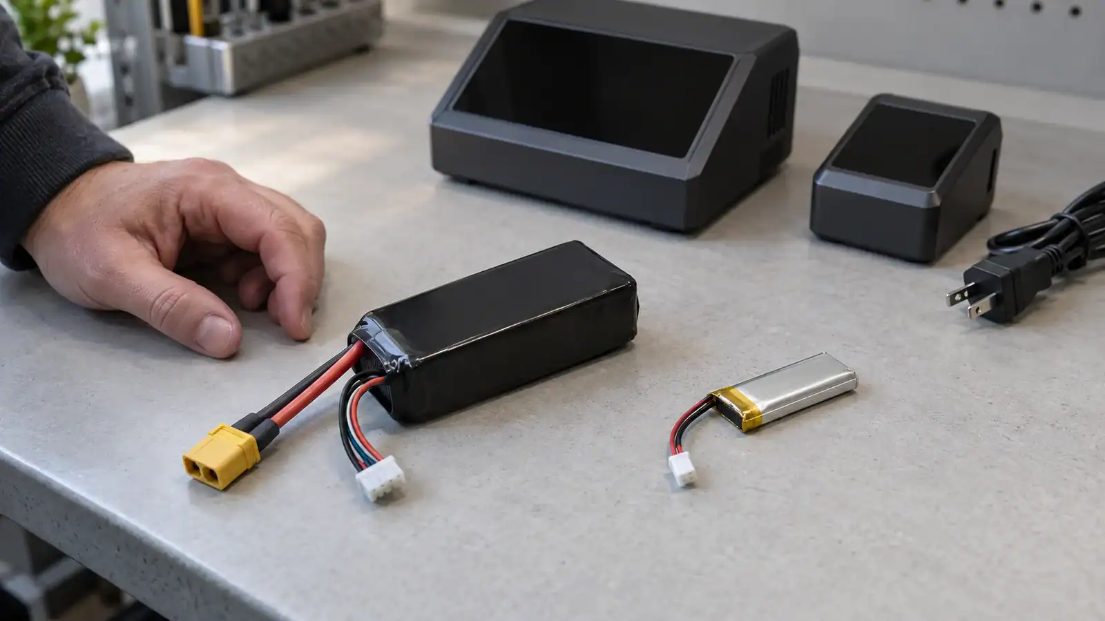Two disconnected LiPo batteries and their insulated connectors on a gray workshop surface, with a hand nearby and generic unbranded charging equipment with dark screens behind them.