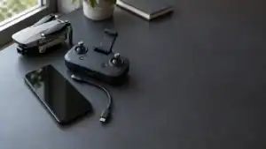 A folded drone, controller, dark smartphone and disconnected cable on a charcoal work surface beside a window.