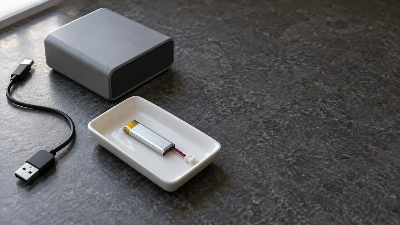 Unbranded charger with a dark display beside a disconnected USB cable and small battery in a ceramic tray on a charcoal work surface, viewed obliquely from above in natural window light.