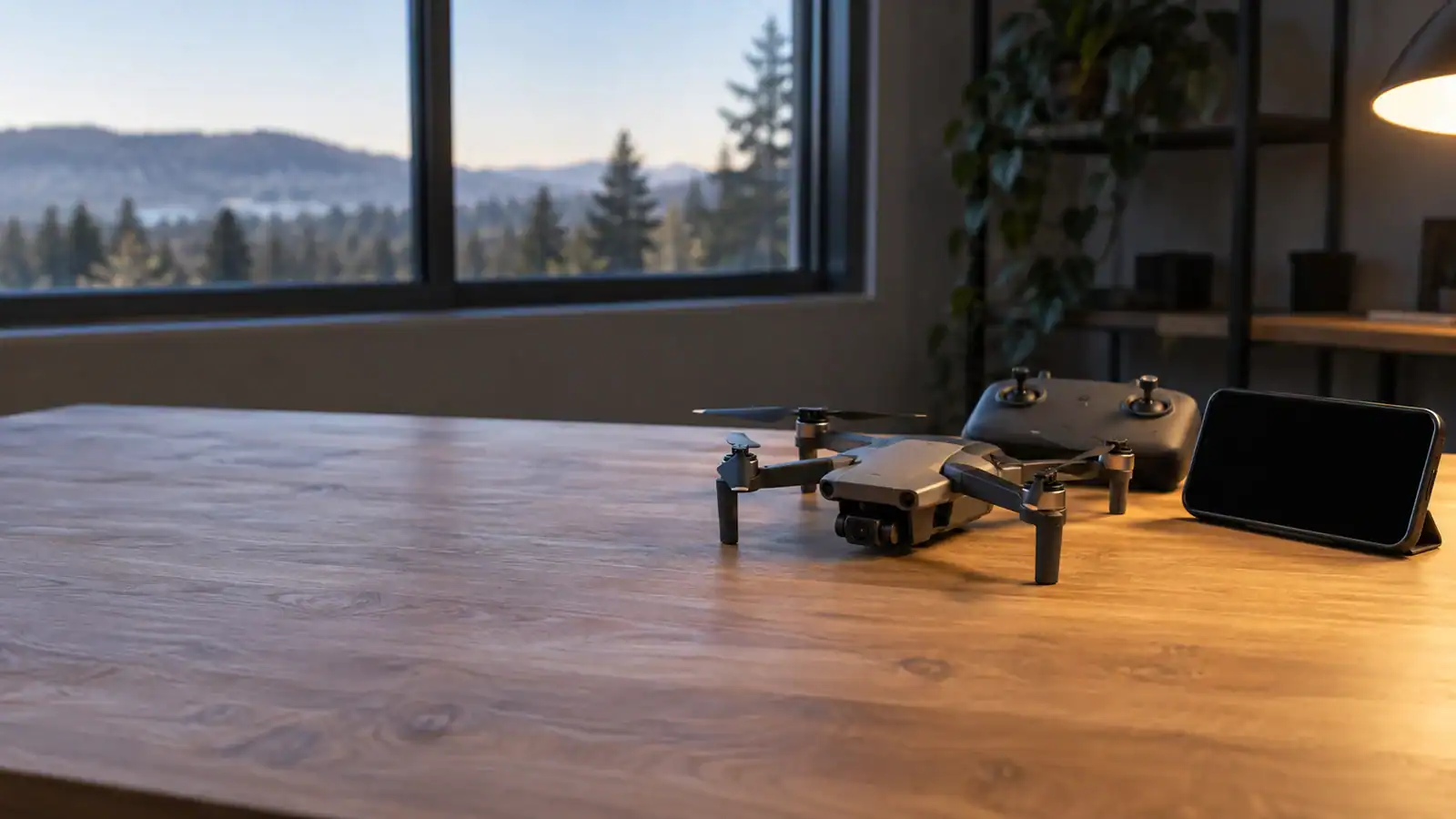 An unbranded quadcopter, controller and phone with a dark screen sit on a clean wooden workbench under warm task lighting.