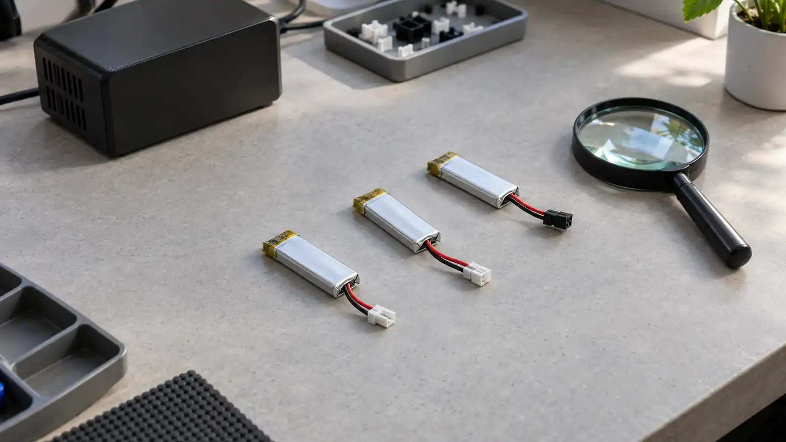 High-angle view of three small pouch batteries with disconnected red-and-black leads, arranged separately beside a magnifying glass and generic enclosed equipment on a daylight-lit workbench.