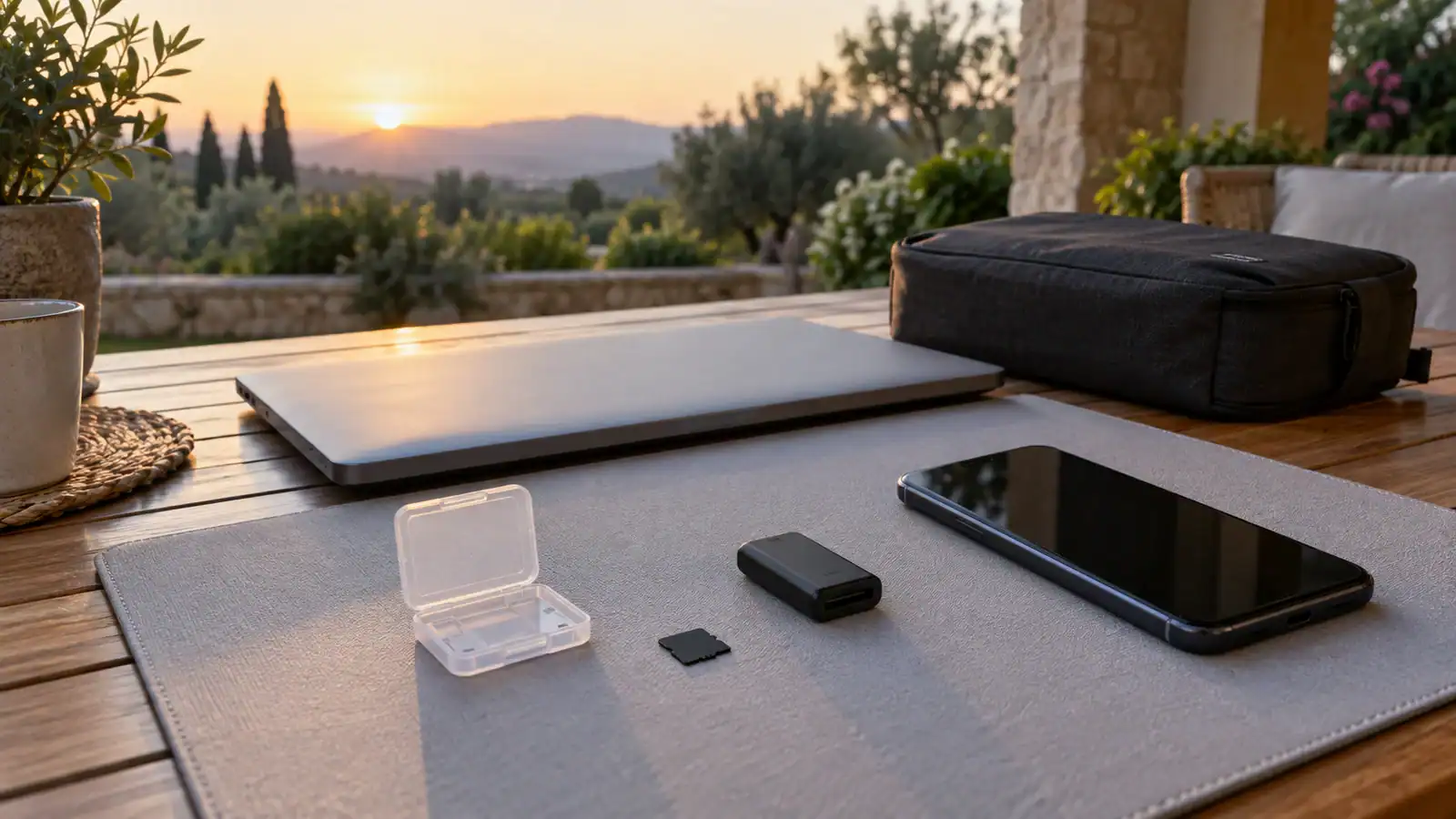 A microSD card, reader and storage case beside a dark-screen phone, closed laptop and equipment pouch on a patio table at sunrise.