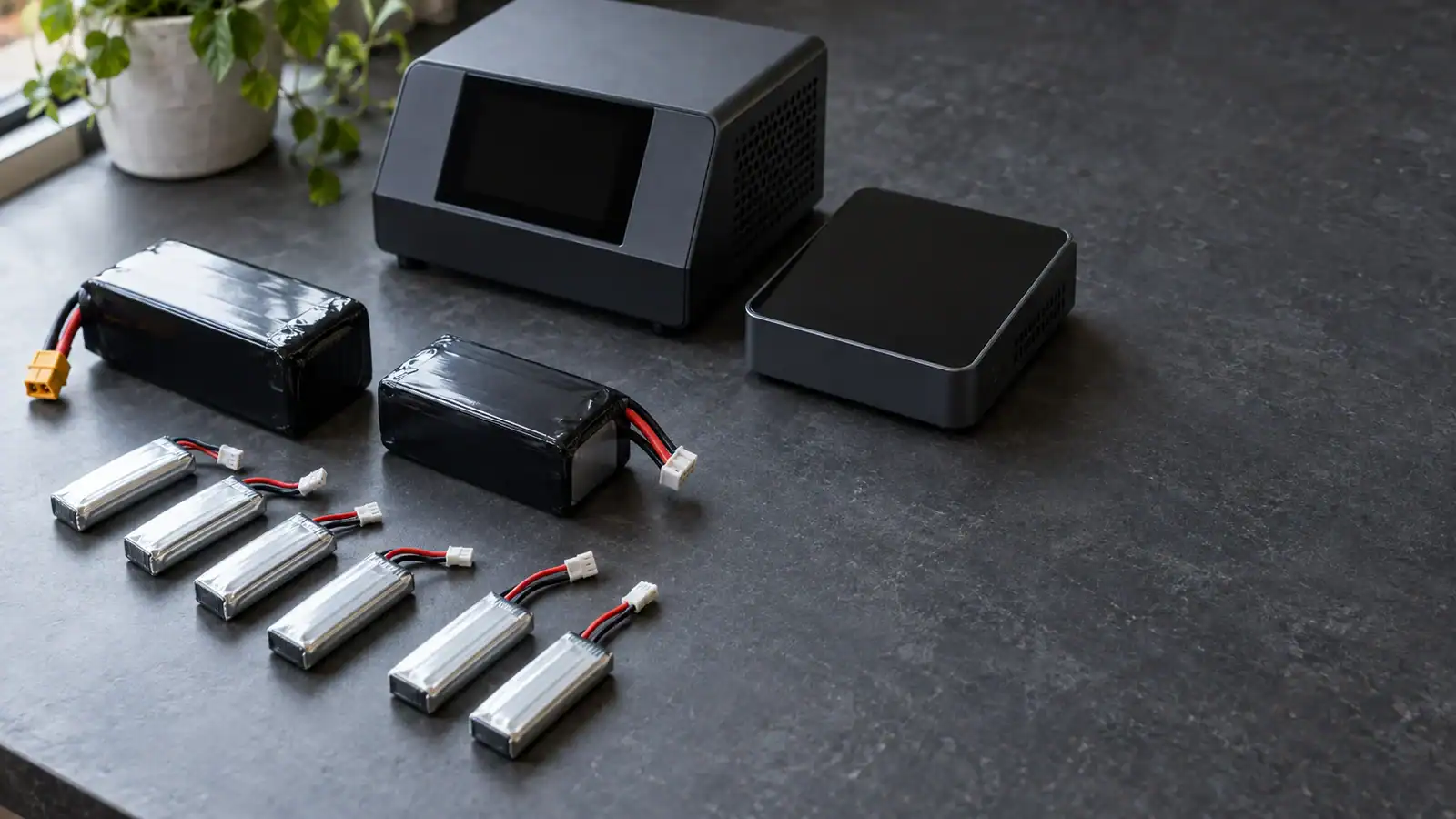 Small silver battery packs and two larger black packs beside unbranded charging equipment on a charcoal work surface.