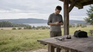 Technician checks a phone beside an unbranded drone and controller on a sheltered picnic table overlooking a grassy lakeside field.