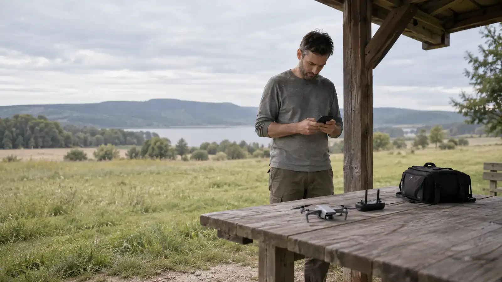 Technician checks a phone beside an unbranded drone and controller on a sheltered picnic table overlooking a grassy lakeside field.