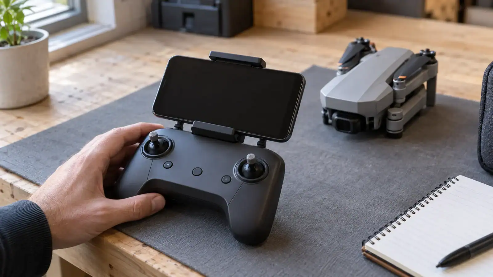 A hand steadies a drone controller with a dark phone screen beside a folded gray drone on a workshop bench.