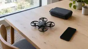 High-angle view of an unbranded guarded quadcopter, dark-screen smartphone and carrying case spaced apart on a wooden table beside a window.
