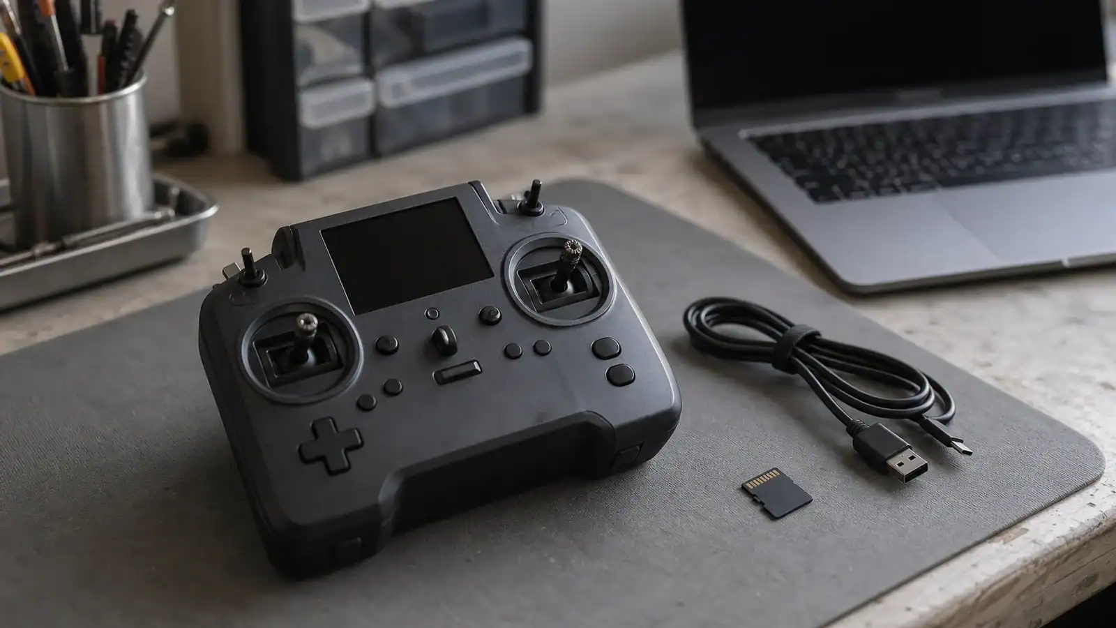 Unbranded radio transmitter with a dark screen beside a memory card and coiled USB cable on a gray workshop mat, with a dark-screen laptop behind it.